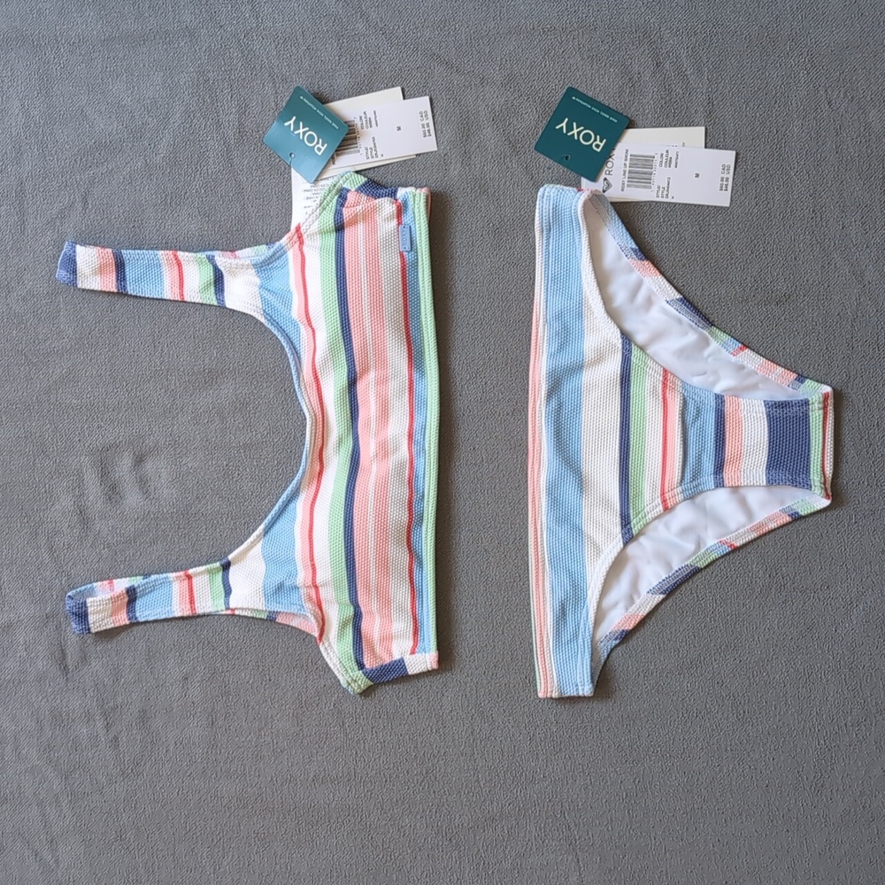 NWT Roxy Striped Bikini Set in Blue, Pink, Green, Navy